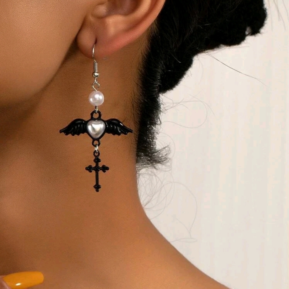 CROSS HEART FAUX PEARL ANGEL WING GOTH STYLE PEARL ACCENT EARRINGS